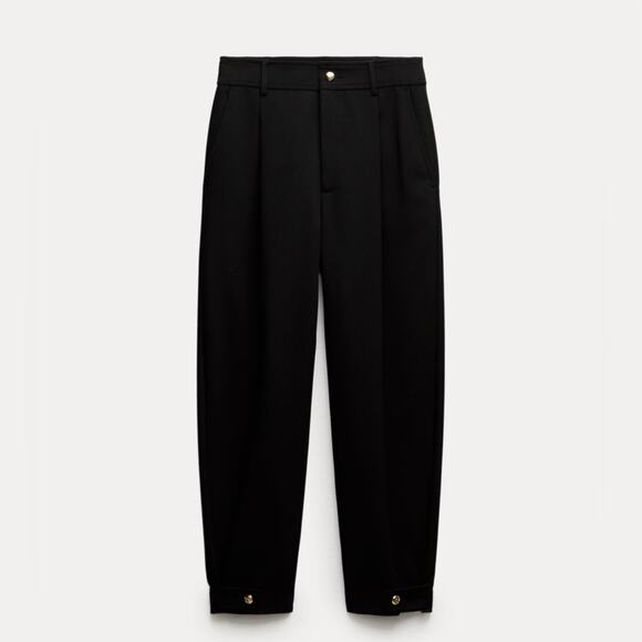 Zara Black Pleated Ankle Trouser, Gold Button on Cuffed Ankle, Size XS, NWT - Picture 1 of 6